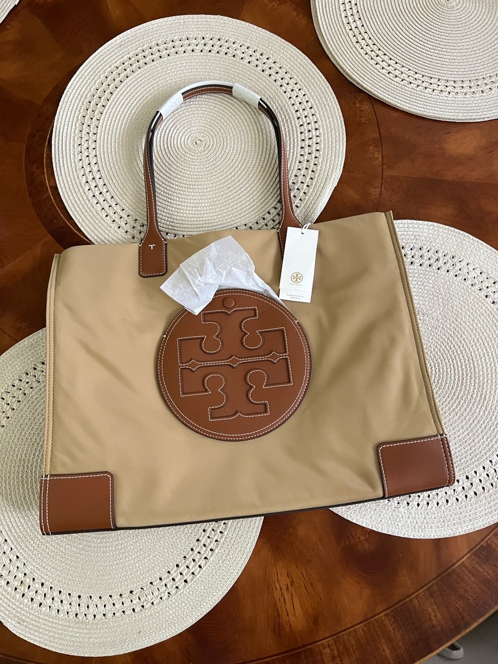 Tory Burch Beige Nylon Tote with Brown Leather Trim and Logo
